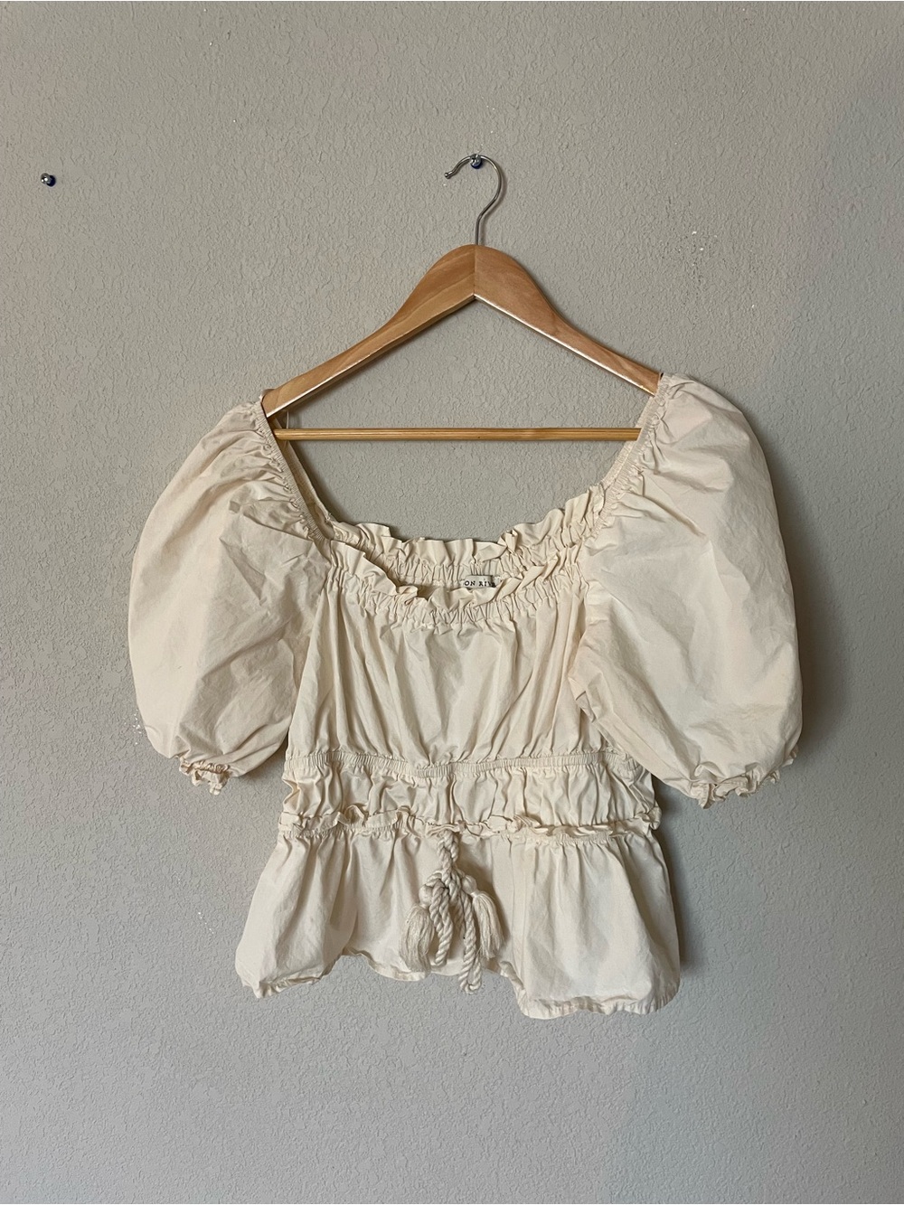 Cream Puff-Sleeve Peasant Top with Tassel Crop - Moon River - Cottagecore Boho M